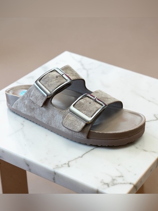 Madden Girl Shoes - Madden Girl, Double Buckle Slide Sandals Taupe Metallic, Size 8, Comfort Footbed